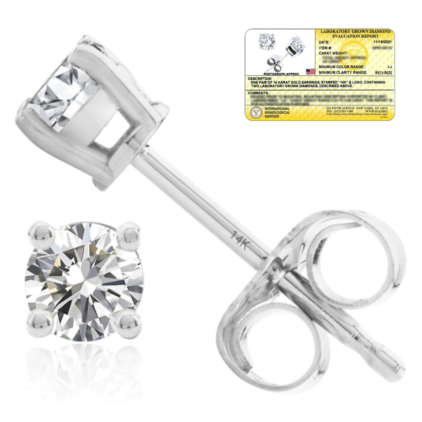 IGI Certified 1/4 Carat Lab Grown Diamond Stud Earrings in 14k White Gold with 4-Prong Setting