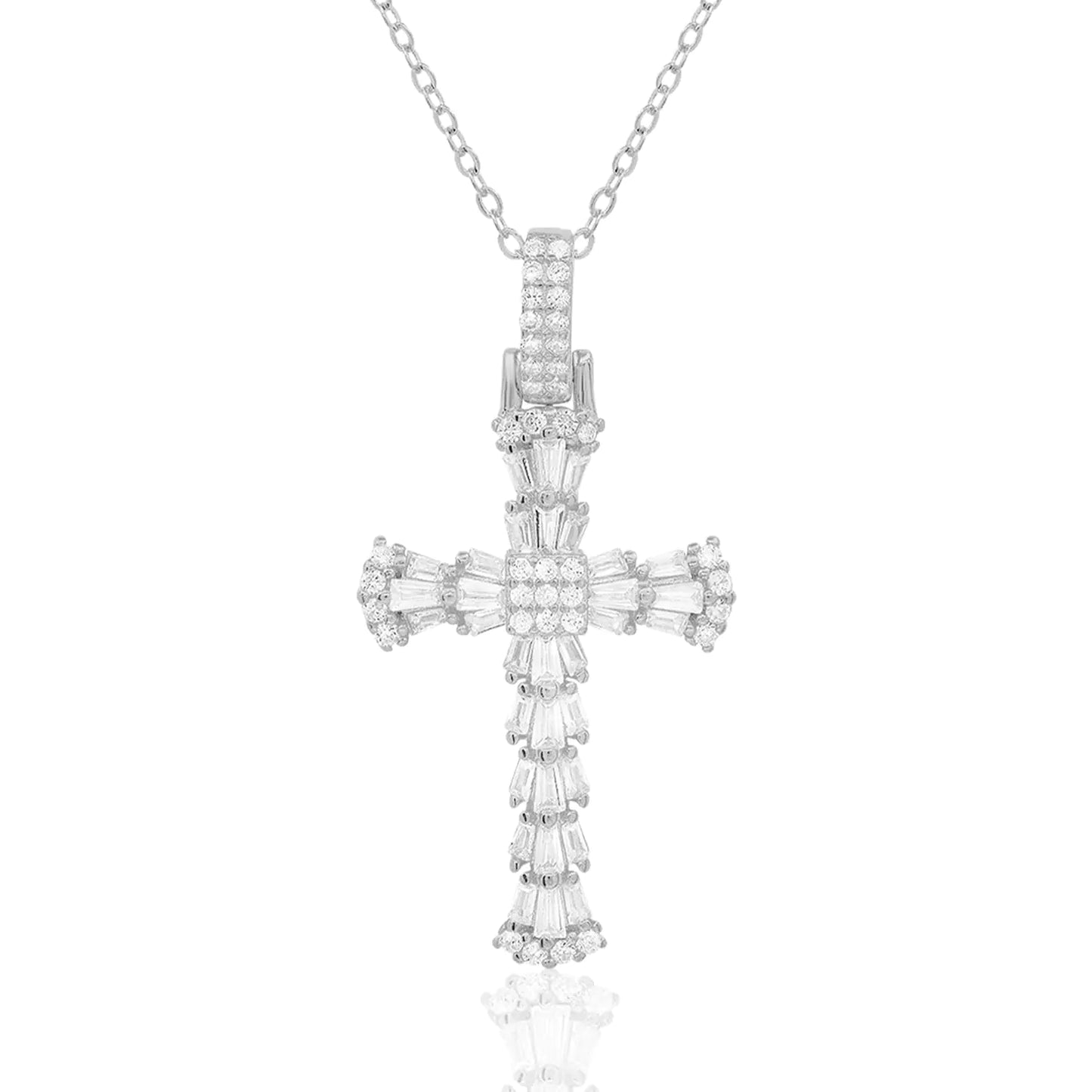 Cross Necklace in 14k White Gold Plated over .925 Sterling Silver (Set with Cubic Zirconia Stones / 18 inch length)